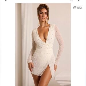 Oh Polly Cream Pearl Embellished Mini Dress